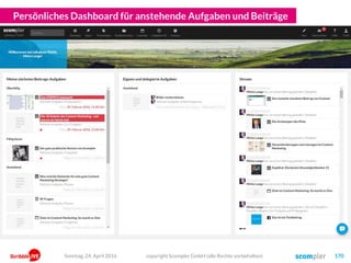 Persönliches Dashboard für anstehende Aufgaben und Beiträge
copyright Scompler GmbH (alle Rechte vorbehalten) 170Sonntag, 24. April 2016
 