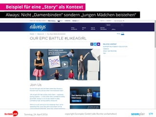 Beispiel für eine „Story“ als Kontext
Always: Nicht „Damenbinden“ sondern „Jungen Mädchen beistehen“
Sonntag, 24. April 2016 copyright Scompler GmbH (alle Rechte vorbehalten) 179
 