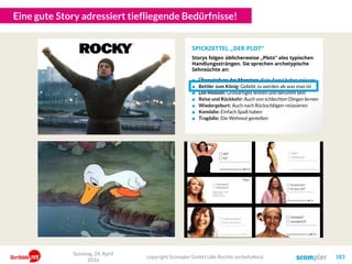 Eine gute Story adressiert tiefliegende Bedürfnisse!
Sonntag, 24. April
2016
copyright Scompler GmbH (alle Rechte vorbehalten) 183
■ Überwindung des Monsters: Kein Angst haben müssen
■ Bettler zum König: Geliebt zu werden als was man ist
■ Die Mission: Großartiges leisten und berühmt sein
■ Reise und Rückkehr: Auch von schlechten Dingen lernen
■ Wiedergeburt: Auch nach Rückschlägen reüssieren
■ Komödie: Einfach Spaß haben
■ Tragödie: Die Wehmut genießen
SPICKZETTEL „DER PLOT“
Storys folgen üblicherweise „Plots“ also typischen
Handlungssträngen. Sie sprechen archetypische
Sehnsüchte an:
 
