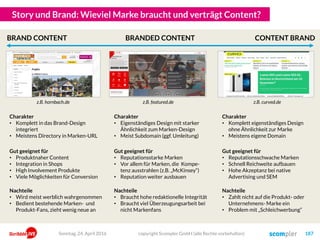 Story und Brand: Wieviel Marke braucht und verträgt Content?
BRAND CONTENT CONTENT BRANDBRANDED CONTENT
Charakter
• Komplett in das Brand-Design
integriert
• Meistens Directory in Marken-URL
Charakter
• Eigenständiges Design mit starker
Ähnlichkeit zum Marken-Design
• Meist Subdomain (ggf. Umleitung)
Charakter
• Komplett eigenständiges Design
ohne Ähnlichkeit zur Marke
• Meistens eigene Domain
Gut geeignet für
• Produktnaher Content
• Integration in Shops
• High Involvement Produkte
• Viele Möglichkeiten für Conversion
Gut geeignet für
• Reputationsstarke Marken
• Vor allem für Marken, die Kompe-
tenz ausstrahlen (z.B. „McKinsey“)
• Reputation weiter ausbauen
Gut geeignet für
• Reputationsschwache Marken
• Schnell Reichweite aufbauen
• Hohe Akzeptanz bei native
Advertising und SEM
Nachteile
• Wird meist werblich wahrgenommen
• Bedient bestehende Marken- und
Produkt-Fans, zieht wenig neue an
Nachteile
• Braucht hohe redaktionelle Integrität
• Braucht viel Überzeugungsarbeit bei
nicht Markenfans
Nachteile
• Zahlt nicht auf die Produkt- oder
Unternehmens- Marke ein
• Problem mit „Schleichwerbung“
z.B. hornbach.de z.B. featured.de z.B. curved.de
Sonntag, 24. April 2016 copyright Scompler GmbH (alle Rechte vorbehalten) 187
 