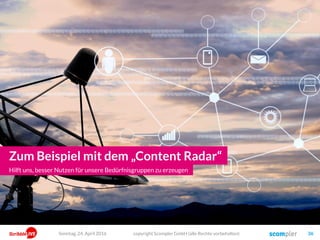 copyright Scompler GmbH (alle Rechte vorbehalten) 36
Zum Beispiel mit dem „Content Radar“
Hilft uns, besser Nutzen für unsere Bedürfnisgruppen zu erzeugen
Sonntag, 24. April 2016
 