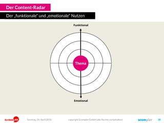 Der Content-Radar
Der „funktionale“ und „emotionale“ Nutzen
Emotional
Funktional
ThemaThema
Sonntag, 24. April 2016 copyright Scompler GmbH (alle Rechte vorbehalten) 38
 