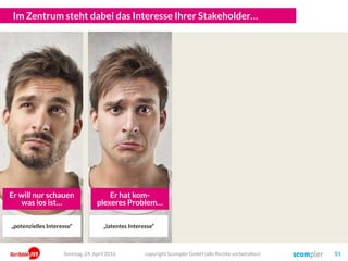 copyright Scompler GmbH (alle Rechte vorbehalten) 51
Er hat kom-
plexeres Problem…
Er will nur schauen
was los ist…
„potenzielles Interesse“ „latentes Interesse“
Im Zentrum steht dabei das Interesse Ihrer Stakeholder…
Sonntag, 24. April 2016
 