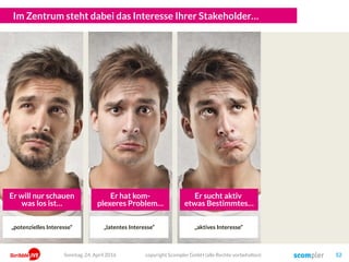 copyright Scompler GmbH (alle Rechte vorbehalten) 52
Er sucht aktiv
etwas Bestimmtes…
Er hat kom-
plexeres Problem…
Er will nur schauen
was los ist…
„potenzielles Interesse“ „latentes Interesse“ „aktives Interesse“
Im Zentrum steht dabei das Interesse Ihrer Stakeholder…
Sonntag, 24. April 2016
 