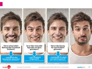 Ist er über eine tolle
App oder ein Quiz
gestolpert!
Hat er die Lösung
für sein Problem
gefunden!
Hat er einen tollen
Beitrag über Facebook
entdeckt!
… und gleich den
Newsletter abonniert
(oder folgt dem Unternehmen)
… und hat gleich
mitgemacht
(und hat dabei die E-Mail hinterlassen)
… und dessen Produkt
auch gleich gekauft
(oder es sich zumindest gemerkt)
copyright Scompler GmbH (alle Rechte vorbehalten) 57Sonntag, 24. April 2016
 