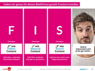 Indem wir genau für diesen Bedüfnisse gezielt Content erstellen
Er will ja nur
schauen was
los ist…
Er hat ja
gerade ein
latentes Problem…
Er sucht ja
aktiv etwas
Bestimmtes…
Und er
interessiert sich
ja für gar nichts…
F
„F“ wie
Follow
Content
Deswegen:
I
„I“ wie
Inbound
Content
Deswegen:
S
„S“ wie
Search
Content
Deswegen:
Soll helfen, nachhaltig
Reichweite aufbauen.
Soll helfen, konkrete
Anfragen zu generieren.
Soll dem User sofort seine
Fragen beantworten.
copyright Scompler GmbH (alle Rechte vorbehalten) 63Sonntag, 24. April 2016
 
