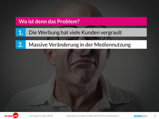 copyright Scompler GmbH (alle Rechte vorbehalten) 7
Massive Veränderung in der Mediennutzung2.
Wo ist denn das Problem?
Die Werbung hat viele Kunden vergrault1.
Sonntag, 24. April 2016
 