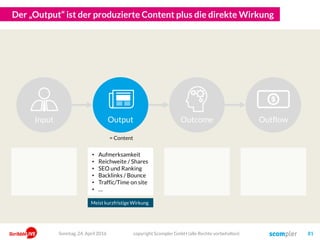 Der „Output“ ist der produzierte Content plus die direkte Wirkung
copyright Scompler GmbH (alle Rechte vorbehalten) 81
Input OutflowOutput Outcome
• Aufmerksamkeit
• Reichweite / Shares
• SEO und Ranking
• Backlinks / Bounce
• Traffic/Time on site
• …
Sonntag, 24. April 2016
= Content
Meist kurzfristige Wirkung
 