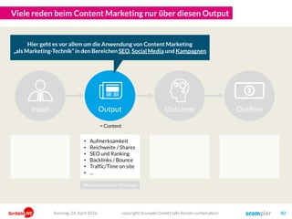 Viele reden beim Content Marketing nur über diesen Output
copyright Scompler GmbH (alle Rechte vorbehalten) 82
Input OutflowOutput Outcome
• Aufmerksamkeit
• Reichweite / Shares
• SEO und Ranking
• Backlinks / Bounce
• Traffic/Time on site
• …
Hier geht es vor allem um die Anwendung von Content Marketing
„als Marketing-Technik“ in den Bereichen SEO, Social Media und Kampagnen
Sonntag, 24. April 2016
= Content
Meist kurzfristige Wirkung
 