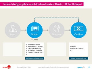 Immer häufiger geht es auch im den direkten Absatz, z.B. bei Hubspot
copyright Scompler GmbH (alle Rechte vorbehalten) 83
Input OutflowOutput Outcome
• Aufmerksamkeit
• Reichweite / Shares
• SEO und Ranking
• Backlinks / Bounce
• Traffic/Time on site
• …
• Leads
• Direkter Umsatz
• …
Sonntag, 24. April 2016
= Content
Meist kurzfristige Wirkung Direkt messbarer Erfolg
 
