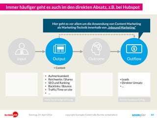 Immer häufiger geht es auch im den direkten Absatz, z.B. bei Hubspot
copyright Scompler GmbH (alle Rechte vorbehalten) 84
Input OutflowOutput Outcome
• Aufmerksamkeit
• Reichweite / Shares
• SEO und Ranking
• Backlinks / Bounce
• Traffic/Time on site
• …
• Leads
• Direkter Umsatz
• …
Hier geht es vor allem um die Anwendung von Content Marketing
als Marketing-Technik innerhalb von „Inbound Marketing“
Sonntag, 24. April 2016
= Content
Meist kurzfristige Wirkung Direkt messbarer Erfolg
 