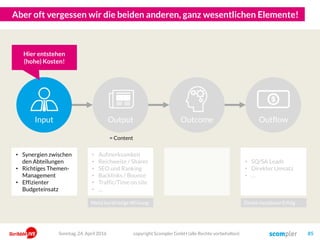 Outcome
Aber oft vergessen wir die beiden anderen, ganz wesentlichen Elemente!
copyright Scompler GmbH (alle Rechte vorbehalten) 85
Input OutflowOutput Outcome
• Aufmerksamkeit
• Reichweite / Shares
• SEO und Ranking
• Backlinks / Bounce
• Traffic/Time on site
• …
• SQ/SA Leads
• Direkter Umsatz
• …
• Synergien zwischen
den Abteilungen
• Richtiges Themen-
Management
• Effizienter
Budgeteinsatz
Hier entstehen
(hohe) Kosten!
Sonntag, 24. April 2016
= Content
Meist kurzfristige Wirkung Direkt messbarer Erfolg
 