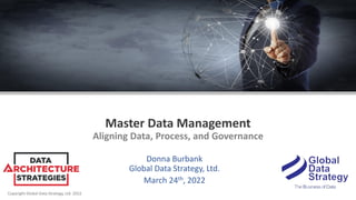 Copyright Global Data Strategy, Ltd. 2022
Master Data Management
Aligning Data, Process, and Governance
Donna Burbank
Global Data Strategy, Ltd.
March 24th, 2022
 