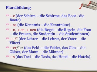 Pluralbildung
+ e (der Schirm – die Schirme, das Boot - die
Boote)
+ se (die Kenntnis – die Kenntnisse)
+ n, + en, + nen (die Regel – die Regeln, die Frau
– die Frauen, die Studentin – die Studentinnen)
+ -/“ (der Lehrer – die Lehrer, der Vater – die
Väter)
+ er/“er (das Feld – die Felder, das Glas – die
Gläser, der Mann – die Männer)
+ s (das Taxi – die Taxis, das Hotel – die Hotels)
Pl Bildung
 