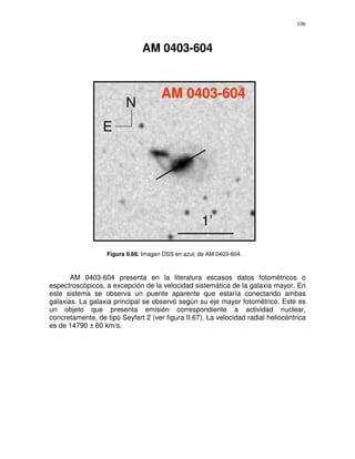 106



                               AM 0403-604


                                      AM 0403-604
                         N
                 E




                                                     1’

                   Figura II.66. Imagen DSS en azul, de AM 0403-604.



       AM 0403-604 presenta en la literatura escasos datos fotométricos o
espectroscópicos, a excepción de la velocidad sistemática de la galaxia mayor. En
este sistema se observa un puente aparente que estaría conectando ambas
galaxias. La galaxia principal se observó según su eje mayor fotométrico. Este es
un objeto que presenta emisión correspondiente a actividad nuclear,
concretamente, de tipo Seyfert 2 (ver figura II.67). La velocidad radial heliocéntrica
es de 14790 ± 60 km/s.
 