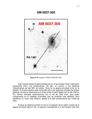 113



                                AM 0037-305


                          N       AM 0037-305
                   E




                       °
                 PA 146°


                                                           1’


                       Figura II.75. Imagen R (DSS) de AM 0037-305.



        Este sistema posee la particularidad de ser el que posee mayor separación
proyectada entre sus componentes, 99 kpc, en cuanto a los sistemas
interactuantes de tipo M51 se refiere. Tanto en la galaxia principal como en la
satélite, la emisión parece estar confinada sólo a las regiones centrales de ambas
galaxias, aunque sí observamos en otras zonas emisión (débil) con la red 1200 en
Hα. Hemos realizado observaciones con la red de 1200 l/mm, para poder
incorporarlas en el catálogo cinemático que se presenta más adelante, pero
decidimos no incluir este sistema, debido a la alta contaminación por líneas de
cielo.

       Aunque se observa emisión en Hα en el espectro de la región nuclear de la
galaxia principal (figura II.76), el espectro corresponde a un tipo estelar más bien
 