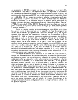 53


de los objetos de BGK00, pero para una abertura más pequeña en la fotometría
(fotometría en 7” de 2MASS). En el panel de abajo a la izquierda, se encuentran
los colores de la muestra de Surace et al (2004), quienes utilizaron la técnica de
reconstrucción de imágenes HIRES, con el objetivo de resolver la emisión IRAS
en 12, 25, 60 y 100 µm, para una muestra de galaxias interactuantes en la que
las galaxias se encuentren separadas por menos de tres veces los diámetros
galácticos promedio. En el panel de abajo a la derecha, están graficados los
colores correspondientes a galaxias cercanas del “Near Field Galaxy Sample”
(NFGS; Cansen et al. 2000a, 2000b). Estos autores encuentras que para los
pares cercanos, la dispersión en los colores es mayor que las que corresponden
a galaxias del NFGS.
        Como en nuestra muestra tenemos galaxias de hasta 20000 km/s, debe
tenerse en cuenta la dependencia con el redshift a la hora de comparar los
colores de los objetos que pertenecen a sistemas de tipo M51 y los objetos
aislados más cercanos del mencionado catálogo. En los siguientes gráficos
(figuras II.15 y II.16) se muestran los colores para las principales y las satélites,
obtendos a partir de la fotometría de apertura elíptica en la isofota 20
mag/(arcsec)-2. Vemos que para ambas muestras, la mayoría de los puntos se
ubican dentro de la zona cubierta por el NFGS, salvo en el gráfico de las
satélites, donde se ven unos pocos puntos fuera del rango del NFGS, aunque
estos tres o cuatro puntos, corresponden a los sistemas que poseen velocidades
más altas de la muestra (Z ∼ 0,06). Este resultado es compatible con los
resultados que hemos comentado mas arriba, de Smith et al. (2007). Como se
mencionó, estos autores no encontraron diferencias en los colores [3.6] – [4.5],
entre galaxias de Arp y espirales normales.
        Es importante notar que los sistemas de tipo M51 son poco numerosos,
incluso con respecto a todas las distintas categorías de sistemas interactuantes,
por lo que contamos con un número muy pequeño de objetos. Sin embargo,
debemos resaltar que, salvo los puntos anteriormente mencionados, no notamos
una diferencia sustancial, en la distribución, con respecto a la de galaxias
cercanas aisladas (NFGS). Esto se podría deber a la escasa cantidad de
sistemas de este tipo, o a que la relación de masas (limitada, en el caso de los
sistemas de tipo M51 a relaciones no mayores por lo general a 1/3, mientras que
en los sistemas considerados por Geller et al (2006), no existían limitaciones de
este tipo), por lo que podríamos concluir que en este rango de frecuencias, no se
nota una influencia a nivel global, de los efectos de interacción gravitatoria. El
cercano infrarrojo es más sensible a una población estelar más evolucionada,
por lo que no es sensible a la formación estelar más reciente, como sí lo son
frecuencias más bajas como el medio o lejano infrarrojo. Podemos concluir a
partir de estos resultados, que el cálculo de masas fotométricas o de
componentes estructurales, está poco afectado por la presencia de satélites en
las galaxias espirales.
 