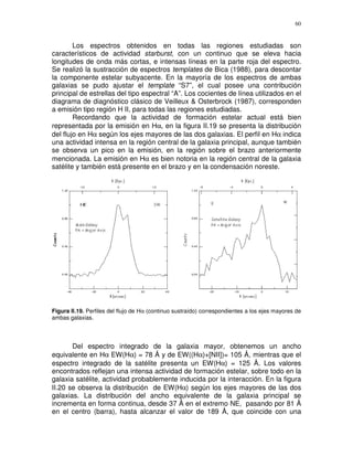 60


        Los espectros obtenidos en todas las regiones estudiadas son
característicos de actividad starburst, con un continuo que se eleva hacia
longitudes de onda más cortas, e intensas líneas en la parte roja del espectro.
Se realizó la sustracción de espectros templates de Bica (1988), para descontar
la componente estelar subyacente. En la mayoría de los espectros de ambas
galaxias se pudo ajustar el template “S7”, el cual posee una contribución
principal de estrellas del tipo espectral “A”. Los cocientes de línea utilizados en el
diagrama de diagnóstico clásico de Veilleux & Osterbrock (1987), corresponden
a emisión tipo región H II, para todas las regiones estudiadas.
        Recordando que la actividad de formación estelar actual está bien
representada por la emisión en Hα, en la figura II.19 se presenta la distribución
del flujo en Hα según los ejes mayores de las dos galaxias. El perfil en Hα indica
una actividad intensa en la región central de la galaxia principal, aunque también
se observa un pico en la emisión, en la región sobre el brazo anteriormente
mencionada. La emisión en Hα es bien notoria en la región central de la galaxia
satélite y también está presente en el brazo y en la condensación noreste.




Figura II.19. Perfiles del flujo de Hα (continuo sustraído) correspondientes a los ejes mayores de
ambas galaxias.




       Del espectro integrado de la galaxia mayor, obtenemos un ancho
equivalente en Hα EW(Hα) = 78 Å y de EW((Hα)+[NII])= 105 Å, mientras que el
espectro integrado de la satélite presenta un EW(Hα) = 125 Å. Los valores
encontrados reflejan una intensa actividad de formación estelar, sobre todo en la
galaxia satélite, actividad probablemente inducida por la interacción. En la figura
II.20 se observa la distribución de EW(Hα) según los ejes mayores de las dos
galaxias. La distribución del ancho equivalente de la galaxia principal se
incrementa en forma continua, desde 37 Å en el extremo NE, pasando por 81 Å
en el centro (barra), hasta alcanzar el valor de 189 Å, que coincide con una
 