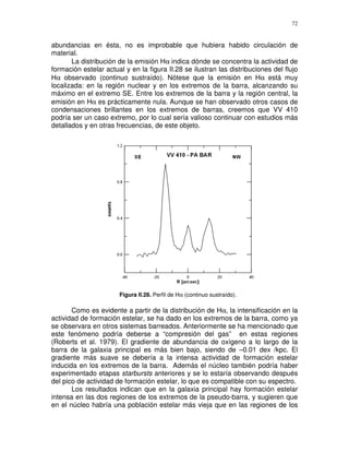 72


abundancias en ésta, no es improbable que hubiera habido circulación de
material.
       La distribución de la emisión Hα indica dónde se concentra la actividad de
formación estelar actual y en la figura II.28 se ilustran las distribuciones del flujo
Hα observado (continuo sustraído). Nótese que la emisión en Hα está muy
localizada: en la región nuclear y en los extremos de la barra, alcanzando su
máximo en el extremo SE. Entre los extremos de la barra y la región central, la
emisión en Hα es prácticamente nula. Aunque se han observado otros casos de
condensaciones brillantes en los extremos de barras, creemos que VV 410
podría ser un caso extremo, por lo cual sería valioso continuar con estudios más
detallados y en otras frecuencias, de este objeto.




                       Figura II.28. Perfil de Hα (continuo sustraído).

       Como es evidente a partir de la distribución de Hα, la intensificación en la
actividad de formación estelar, se ha dado en los extremos de la barra, como ya
se observara en otros sistemas barreados. Anteriormente se ha mencionado que
este fenómeno podría deberse a “compresión del gas” en estas regiones
(Roberts et al. 1979). El gradiente de abundancia de oxígeno a lo largo de la
barra de la galaxia principal es más bien bajo, siendo de –0.01 dex /kpc. El
gradiente más suave se debería a la intensa actividad de formación estelar
inducida en los extremos de la barra. Además el núcleo también podría haber
experimentado etapas starbursts anteriores y se lo estaría observando después
del pico de actividad de formación estelar, lo que es compatible con su espectro.
       Los resultados indican que en la galaxia principal hay formación estelar
intensa en las dos regiones de los extremos de la pseudo-barra, y sugieren que
en el núcleo habría una población estelar más vieja que en las regiones de los
 