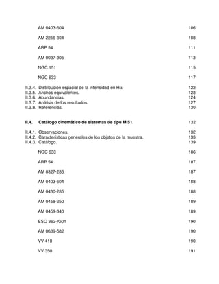 AM 0403-604                                             106

          AM 2256-304                                             108

          ARP 54                                                  111

          AM 0037-305                                             113

          NGC 151                                                 115

          NGC 633                                                 117

II.3.4.   Distribución espacial de la intensidad en Hα.           122
II.3.5.   Anchos equivalentes.                                    123
II.3.6.   Abundancias.                                            124
II.3.7.   Análisis de los resultados.                             127
II.3.8.   Referencias.                                            130


II.4.     Catálogo cinemático de sistemas de tipo M 51.           132

II.4.1. Observaciones.                                            132
II.4.2. Características generales de los objetos de la muestra.   133
II.4.3. Catálogo.                                                 139

          NGC 633                                                 186

          ARP 54                                                  187

          AM 0327-285                                             187

          AM 0403-604                                             188

          AM 0430-285                                             188

          AM 0458-250                                             189

          AM 0459-340                                             189

          ESO 362-IG01                                            190

          AM 0639-582                                             190

          VV 410                                                  190

          VV 350                                                  191
 