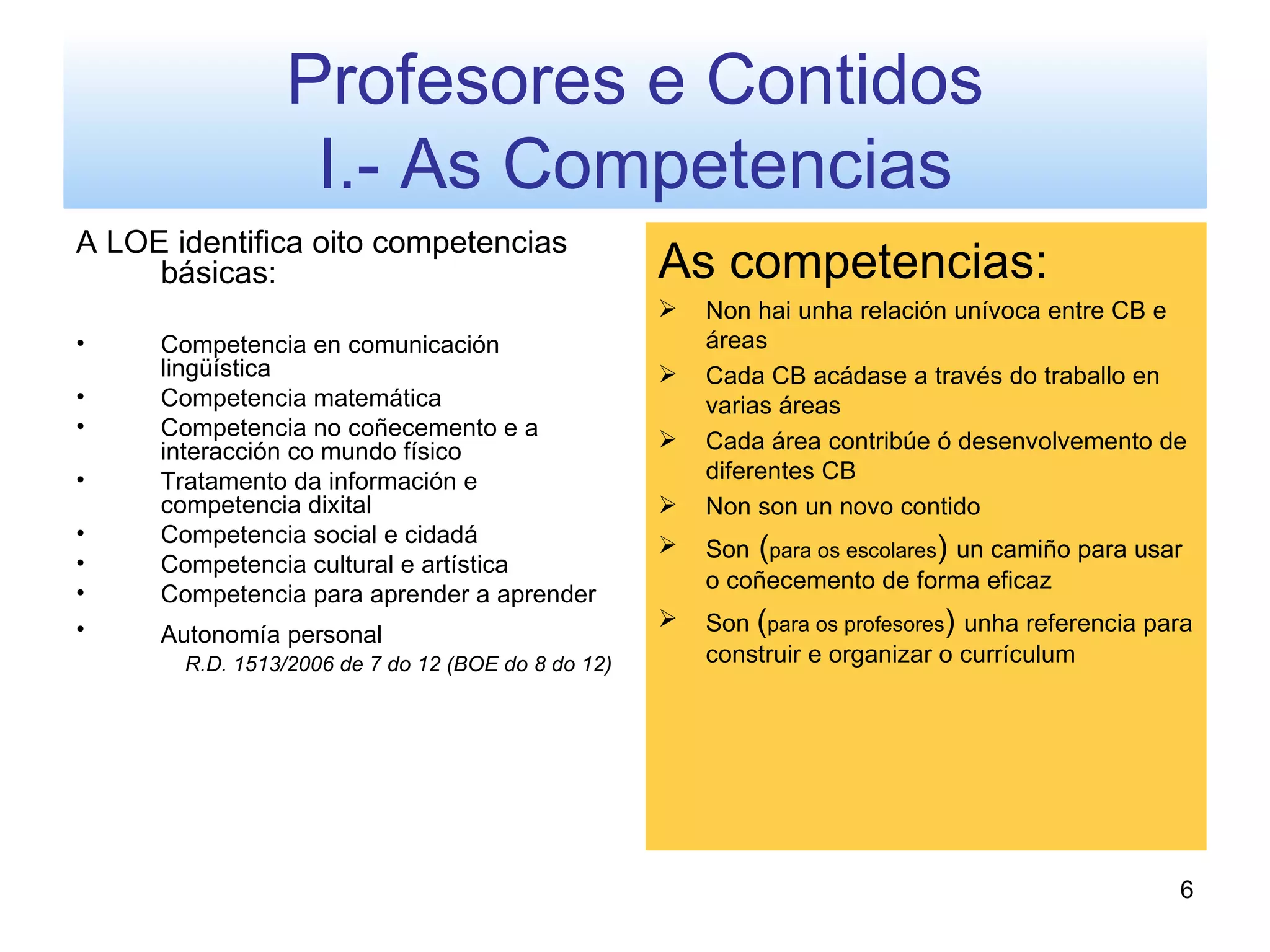 Profesores e Contidos
                 I.- As Competencias
A LOE identifica oito competencias
     básicas:                                       As competencias:
                                                       Non hai unha relación unívoca entre CB e
•    Competencia en comunicación                        áreas
     lingüística                                       Cada CB acádase a través do traballo en
•    Competencia matemática                             varias áreas
•    Competencia no coñecemento e a
     interacción co mundo físico                       Cada área contribúe ó desenvolvemento de
•    Tratamento da información e                        diferentes CB
     competencia dixital                               Non son un novo contido
•    Competencia social e cidadá                       Son (para os escolares) un camiño para usar
•    Competencia cultural e artística
                                                        o coñecemento de forma eficaz
•    Competencia para aprender a aprender
•    Autonomía personal
                                                       Son (para os profesores) unha referencia para
       R.D. 1513/2006 de 7 do 12 (BOE do 8 do 12)       construir e organizar o currículum




                                                                                                   6
 