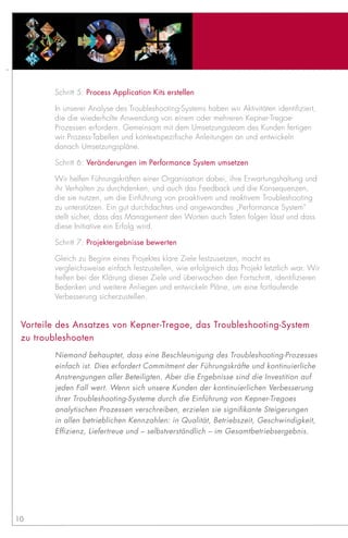Schritt 5: Process application Kits erstellen

        In unserer Analyse des Troubleshooting-Systems haben wir Aktivitäten identifiziert,
        die die wiederholte Anwendung von einem oder mehreren Kepner-Tregoe-
        Prozessen erfordern. Gemeinsam mit dem Umsetzungsteam des Kunden fertigen
        wir Prozess-Tabellen und kontextspezifische Anleitungen an und entwickeln
        danach Umsetzungspläne.

        Schritt 6: Veränderungen im Performance System umsetzen

        Wir helfen Führungskräften einer Organisation dabei, ihre Erwartungshaltung und
        ihr Verhalten zu durchdenken, und auch das Feedback und die Konsequenzen,
        die sie nutzen, um die Einführung von proaktivem und reaktivem Troubleshooting
        zu unterstützen. Ein gut durchdachtes und angewandtes „Performance System“
        stellt sicher, dass das Management den Worten auch Taten folgen lässt und dass
        diese Initiative ein Erfolg wird.

        Schritt 7: Projektergebnisse bewerten

        Gleich zu Beginn eines Projektes klare Ziele festzusetzen, macht es
        vergleichsweise einfach festzustellen, wie erfolgreich das Projekt letztlich war. Wir
        helfen bei der Klärung dieser Ziele und überwachen den Fortschritt, identifizieren
        Bedenken und weitere Anliegen und entwickeln Pläne, um eine fortlaufende
        Verbesserung sicherzustellen.


 Vorteile des ansatzes von Kepner-Tregoe, das Troubleshooting-System
 zu troubleshooten
        Niemand behauptet, dass eine Beschleunigung des Troubleshooting-Prozesses
        einfach ist. Dies erfordert Commitment der Führungskräfte und kontinuierliche
        Anstrengungen aller Beteiligten. Aber die Ergebnisse sind die Investition auf
        jeden Fall wert. Wenn sich unsere Kunden der kontinuierlichen Verbesserung
        ihrer Troubleshooting-Systeme durch die Einführung von Kepner-Tregoes
        analytischen Prozessen verschreiben, erzielen sie signifikante Steigerungen
        in allen betrieblichen Kennzahlen: in Qualität, Betriebszeit, Geschwindigkeit,
        Effizienz, Liefertreue und – selbstverständlich – im Gesamtbetriebsergebnis.




10
 
