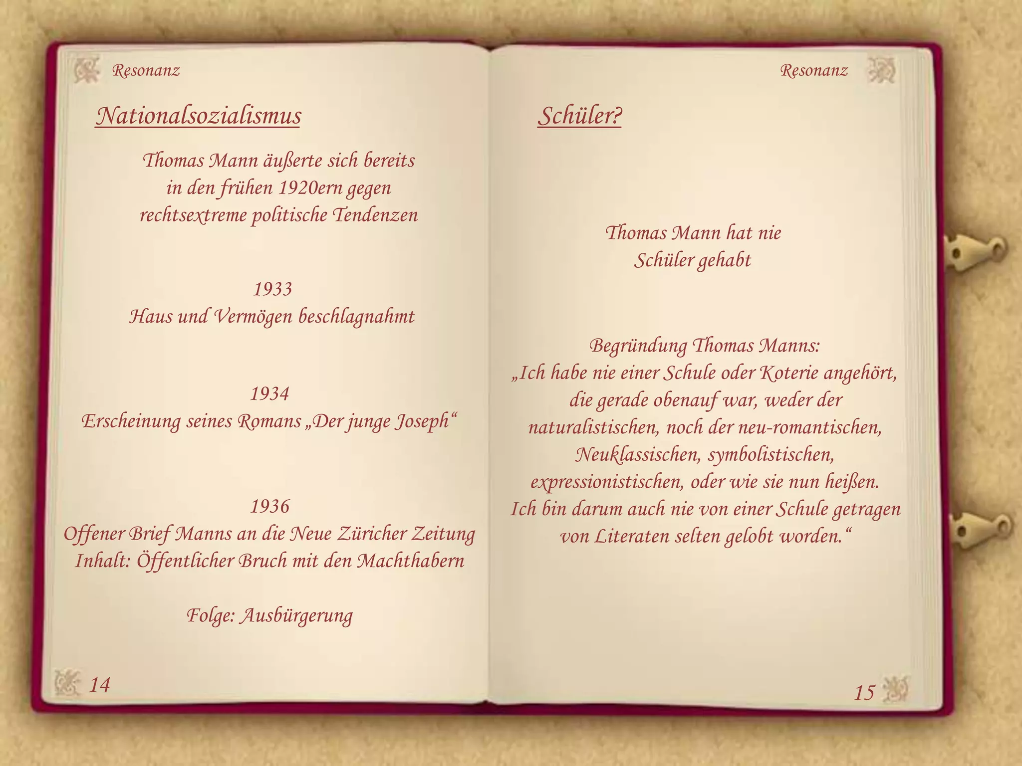Resonanz                                                                     Resonanz

   Nationalsozialismus                                Schüler?
          Thomas Mann äußerte sich bereits
             in den frühen 1920ern gegen
          rechtsextreme politische Tendenzen
                                                              Thomas Mann hat nie
                                                                 Schüler gehabt
                      1933
         Haus und Vermögen beschlagnahmt
                                                              Begründung Thomas Manns:
                                                   „Ich habe nie einer Schule oder Koterie angehört,
                      1934                                 die gerade obenauf war, weder der
  Erscheinung seines Romans „Der junge Joseph“       naturalistischen, noch der neu-romantischen,
                                                            Neuklassischen, symbolistischen,
                                                     expressionistischen, oder wie sie nun heißen.
                       1936                        Ich bin darum auch nie von einer Schule getragen
Offener Brief Manns an die Neue Züricher Zeitung         von Literaten selten gelobt worden.“
 Inhalt: Öffentlicher Bruch mit den Machthabern

                  Folge: Ausbürgerung


  14                                                                                           15
 