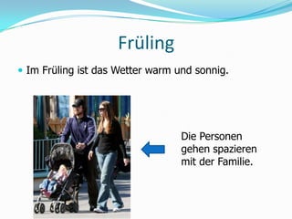 FrülingIm Früling ist das Wetter warm und sonnig.Die Personen gehenspazierenmit der Familie.  