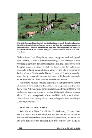 Verhältnissen ihrer Umgebung besser angepasst sind, erfolgreich
sein werden, indem sie überlebensfähige Nachkommen haben,
während diejenigen die anpassungsunfähig sind, aussterben. Zum
Beispiel werden in einem Rudel von Rehen, das der Gefahr von
wilden Raubtieren ausgesetzt ist, diejenigen überleben, die schneller
laufen können. Das ist wahr. Dieser Prozess wird jedoch niemals –
unabhängig davon wie lange er fortdauert – die Rehe in eine ande-
re Art verwandeln. Rehe werden immer Rehe bleiben.
Natürliche Auslese sondert lediglich die verkümmerten, schwa-
chen und lebensunfähigen Individuen einer Spezies aus. Sie kann
keine neue Art, neue genetische Information oder neue Organe her-
stellen, sie kann ergo keine evolutive Weiterentwicklung verursa-
chen. Darwin akzeptierte diese Realität, indem er äußerte:
"Natürliche Auslese vermag nichts zu tun, solange sich keine vorteilhaften
Änderungen begeben." 97
Die Wirkung von Lamarck
Wie könnten diese "nützlichen Veränderungen" entstehen?
Darwin versuchte, diese Frage mit der damals vorherrschenden
Wissenschaftsmentalität seiner Zeit zu beantworten, indem er sich
auf den französischen Biologen Lamarck stützte. Laut Lamarck
DAS WUNDER DER AMEISE162
Die natürliche Auslese dient als ein Mechanismus, durch den die schwachen
Individuen innerhalb einer Spezies entfernt werden. Sie ist ein Konservations-
mechanismus, der die bestehende Spezies vor Degeneration bewahrt.
Darüber hinaus hat sie keinerlei Fähigkeit, eine Spezies in eine andere umzu-
wandeln.
 