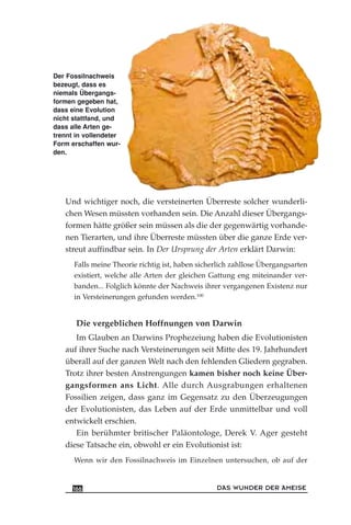 Der Fossilnachweis
bezeugt, dass es
niemals Übergangs-
formen gegeben hat,
dass eine Evolution
nicht stattfand, und
dass alle Arten ge-
trennt in vollendeter
Form erschaffen wur-
den.
Und wichtiger noch, die versteinerten Überreste solcher wunderli-
chen Wesen müssten vorhanden sein. Die Anzahl dieser Übergangs-
formen hätte größer sein müssen als die der gegenwärtig vorhande-
nen Tierarten, und ihre Überreste müssten über die ganze Erde ver-
streut auffindbar sein. In Der Ursprung der Arten erklärt Darwin:
Falls meine Theorie richtig ist, haben sicherlich zahllose Übergangsarten
existiert, welche alle Arten der gleichen Gattung eng miteinander ver-
banden... Folglich könnte der Nachweis ihrer vergangenen Existenz nur
in Versteinerungen gefunden werden.100
Die vergeblichen Hoffnungen von Darwin
Im Glauben an Darwins Prophezeiung haben die Evolutionisten
auf ihrer Suche nach Versteinerungen seit Mitte des 19. Jahrhundert
überall auf der ganzen Welt nach den fehlenden Gliedern gegraben.
Trotz ihrer besten Anstrengungen kamen bisher noch keine Über-
gangsformen ans Licht. Alle durch Ausgrabungen erhaltenen
Fossilien zeigen, dass ganz im Gegensatz zu den Überzeugungen
der Evolutionisten, das Leben auf der Erde unmittelbar und voll
entwickelt erschien.
Ein berühmter britischer Paläontologe, Derek V. Ager gesteht
diese Tatsache ein, obwohl er ein Evolutionist ist:
Wenn wir den Fossilnachweis im Einzelnen untersuchen, ob auf der
DAS WUNDER DER AMEISE166
 