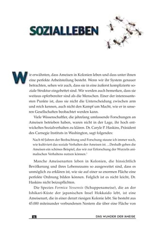 ir erwähnten, dass Ameisen in Kolonien leben und dass unter ihnen
eine perfekte Arbeitsteilung besteht. Wenn wir ihr System genauer
betrachten, sehen wir auch, dass sie in eine äußerst komplizierte so-
ziale Struktur eingebettet sind. Wir werden auch bemerken, dass sie
weitaus opferbereiter sind als die Menschen. Einer der interessante-
sten Punkte ist, dass sie nicht die Unterscheidung zwischen arm
und reich kennen, auch nicht den Kampf um Macht, wie er in unse-
ren Gesellschaften beobachtet werden kann.
Viele Wissenschaftler, die jahrelang umfassende Forschungen an
Ameisen betrieben haben, waren nicht in der Lage, ihr hoch ent-
wickeltes Sozialverhalten zu klären. Dr. Caryle P. Haskins, Präsident
des Carnegie Instituts in Washington, sagt folgendes:
Nach 60 Jahren der Beobachtung und Forschung staune ich immer noch,
wie kultiviert das soziale Verhalten der Ameisen ist. ...Deshalb geben die
Ameisen ein schönes Beispiel, das wir zur Erforschung der Wurzeln ani-
malischen Verhaltens nutzen können.1
Manche Ameisenarten leben in Kolonien, die hinsichtlich
Bevölkerung und ihres Lebensraums so ausgeweitet sind, dass es
unmöglich zu erklären ist, wie sie auf einer so enormen Fläche eine
perfekte Ordnung bilden können. Folglich ist es nicht leicht, Dr.
Haskins nicht beizupflichten.
Die Spezies Formica Yessensis (Schuppenameise), die an der
Ishikari-Küste der japanischen Insel Hokkaido lebt, ist eine
Ameisenart, die in einer derart riesigen Kolonie lebt. Sie besteht aus
45.000 miteinander verbundenen Nestern die über eine Fläche von
DAS WUNDER DER AMEISE16
 