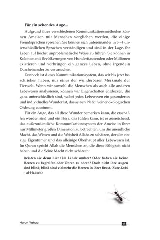 Für ein sehendes Auge...
Aufgrund ihrer verschiedenen Kommunikationsmethoden kön-
nen Ameisen mit Menschen verglichen werden, die einige
Fremdsprachen sprechen. Sie können sich untereinander in 3 - 4 un-
terschiedlichen Sprachen verständigen und sind in der Lage, ihr
Leben auf höchst unproblematische Weise zu führen. Sie können in
Kolonien mit Bevölkerungen von Hunderttausenden oder Millionen
existieren und verbringen ein ganzes Leben, ohne irgendein
Durcheinander zu verursachen.
Dennoch ist dieses Kommunikationssystem, das wir bis jetzt be-
schrieben haben, nur eines der wunderbaren Merkmale der
Tierwelt. Wenn wir sowohl die Menschen als auch alle anderen
Lebewesen analysieren, können wir Eigenschaften entdecken, die
ganz unterschiedlich sind, wobei jedes Lebewesen ein gesondertes
und individuelles Wunder ist, das seinen Platz in einer ökologischen
Ordnung einnimmt.
Für ein Auge, das all diese Wunder bemerken kann, die erschaf-
fen worden sind und ein Herz, das fühlen kann, ist es ausreichend,
das außerordentliche Kommunikationssystem der Ameise in ihrer
nur Millimeter großen Dimension zu betrachten, um die unendliche
Macht, das Wissen und die Weisheit Allahs zu schätzen, der der ein-
zige Eigentümer und das alleinige Oberhaupt aller Lebewesen ist.
Im Quran spricht Allah die Menschen an, die diese Fähigkeit nicht
haben und die Seine Macht nicht schätzen:
Reisten sie denn nicht im Lande umher? Oder haben sie keine
Herzen zu begreifen oder Ohren zu hören? Doch nicht ihre Augen
sind blind; blind sind vielmehr die Herzen in ihrer Brust. (Sure 22:46
– al-Hadsch)
49Harun Yahya
 