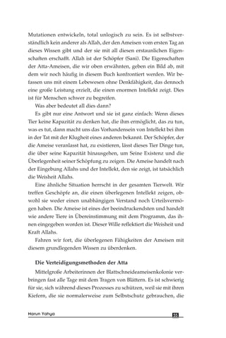 Mutationen entwickeln, total unlogisch zu sein. Es ist selbstver-
ständlich kein anderer als Allah, der den Ameisen vom ersten Tag an
dieses Wissen gibt und der sie mit all diesen erstaunlichen Eigen-
schaften erschafft. Allah ist der Schöpfer (Sani). Die Eigenschaften
der Atta-Ameisen, die wir oben erwähnten, geben ein Bild ab, mit
dem wir noch häufig in diesem Buch konfrontiert werden. Wir be-
fassen uns mit einem Lebewesen ohne Denkfähigkeit, das dennoch
eine große Leistung erzielt, die einen enormen Intellekt zeigt. Dies
ist für Menschen schwer zu begreifen.
Was aber bedeutet all dies dann?
Es gibt nur eine Antwort und sie ist ganz einfach: Wenn dieses
Tier keine Kapazität zu denken hat, die ihm ermöglicht, das zu tun,
was es tut, dann macht uns das Vorhandensein von Intellekt bei ihm
in der Tat mit der Klugheit eines anderen bekannt. Der Schöpfer, der
die Ameise veranlasst hat, zu existieren, lässt dieses Tier Dinge tun,
die über seine Kapazität hinausgehen, um Seine Existenz und die
Überlegenheit seiner Schöpfung zu zeigen. Die Ameise handelt nach
der Eingebung Allahs und der Intellekt, den sie zeigt, ist tatsächlich
die Weisheit Allahs.
Eine ähnliche Situation herrscht in der gesamten Tierwelt. Wir
treffen Geschöpfe an, die einen überlegenen Intellekt zeigen, ob-
wohl sie weder einen unabhängigen Verstand noch Urteilsvermö-
gen haben. Die Ameise ist eines der beeindruckendsten und handelt
wie andere Tiere in Übereinstimmung mit dem Programm, das ih-
nen eingegeben worden ist. Dieser Wille reflektiert die Weisheit und
Kraft Allahs.
Fahren wir fort, die überlegenen Fähigkeiten der Ameisen mit
diesem grundlegenden Wissen zu überdenken.
Die Verteidigungsmethoden der Atta
Mittelgroße Arbeiterinnen der Blattschneideameisenkolonie ver-
bringen fast alle Tage mit dem Tragen von Blättern. Es ist schwierig
für sie, sich während dieses Prozesses zu schützen, weil sie mit ihren
Kiefern, die sie normalerweise zum Selbstschutz gebrauchen, die
55Harun Yahya
 