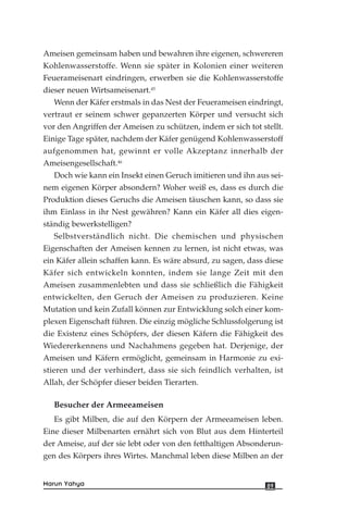 Ameisen gemeinsam haben und bewahren ihre eigenen, schwereren
Kohlenwasserstoffe. Wenn sie später in Kolonien einer weiteren
Feuerameisenart eindringen, erwerben sie die Kohlenwasserstoffe
dieser neuen Wirtsameisenart.45
Wenn der Käfer erstmals in das Nest der Feuerameisen eindringt,
vertraut er seinem schwer gepanzerten Körper und versucht sich
vor den Angriffen der Ameisen zu schützen, indem er sich tot stellt.
Einige Tage später, nachdem der Käfer genügend Kohlenwasserstoff
aufgenommen hat, gewinnt er volle Akzeptanz innerhalb der
Ameisengesellschaft.46
Doch wie kann ein Insekt einen Geruch imitieren und ihn aus sei-
nem eigenen Körper absondern? Woher weiß es, dass es durch die
Produktion dieses Geruchs die Ameisen täuschen kann, so dass sie
ihm Einlass in ihr Nest gewähren? Kann ein Käfer all dies eigen-
ständig bewerkstelligen?
Selbstverständlich nicht. Die chemischen und physischen
Eigenschaften der Ameisen kennen zu lernen, ist nicht etwas, was
ein Käfer allein schaffen kann. Es wäre absurd, zu sagen, dass diese
Käfer sich entwickeln konnten, indem sie lange Zeit mit den
Ameisen zusammenlebten und dass sie schließlich die Fähigkeit
entwickelten, den Geruch der Ameisen zu produzieren. Keine
Mutation und kein Zufall können zur Entwicklung solch einer kom-
plexen Eigenschaft führen. Die einzig mögliche Schlussfolgerung ist
die Existenz eines Schöpfers, der diesen Käfern die Fähigkeit des
Wiedererkennens und Nachahmens gegeben hat. Derjenige, der
Ameisen und Käfern ermöglicht, gemeinsam in Harmonie zu exi-
stieren und der verhindert, dass sie sich feindlich verhalten, ist
Allah, der Schöpfer dieser beiden Tierarten.
Besucher der Armeeameisen
Es gibt Milben, die auf den Körpern der Armeeameisen leben.
Eine dieser Milbenarten ernährt sich von Blut aus dem Hinterteil
der Ameise, auf der sie lebt oder von den fetthaltigen Absonderun-
gen des Körpers ihres Wirtes. Manchmal leben diese Milben an der
89Harun Yahya
 