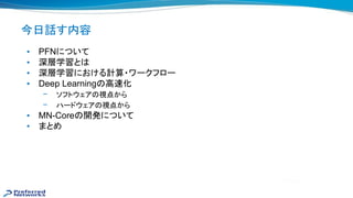 今日話す内容
• PFNについて
• 深層学習と
• 深層学習における計算・ワークフロー
• Deep Learning 高 化
– ソフトウェア 視点から
– ハードウェア 視点から
• MN-Core 開発について
• まとめ
 