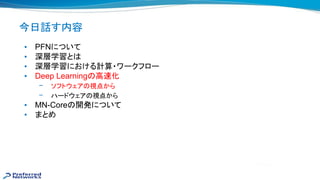 今日話す内容
• PFNについて
• 深層学習と
• 深層学習における計算・ワークフロー
• Deep Learning 高 化
– ソフトウェア 視点から
– ハードウェア 視点から
• MN-Core 開発について
• まとめ
 