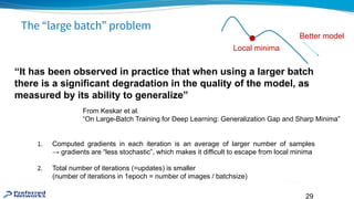29
The “large batch” problem
From Keskar et al.
“On Large-Batch Training for Deep Learning: Generalization Gap and Sharp Minima”
“It has been observed in practice that when using a larger batch
there is a significant degradation in the quality of the model, as
measured by its ability to generalize”
1. Computed gradients in each iteration is an average of larger number of samples
→ gradients are “less stochastic”, which makes it difficult to escape from local minima
2. Total number of iterations (=updates) is smaller
(number of iterations in 1epoch = number of images / batchsize)
Local minima
Better model
 