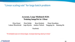 30
“Linear scaling rule” for large batch problem
“If minibatch-size is k times larger, increase learning rate by k times”
 