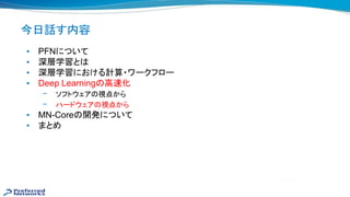 今日話す内容
• PFNについて
• 深層学習と
• 深層学習における計算・ワークフロー
• Deep Learning 高 化
– ソフトウェア 視点から
– ハードウェア 視点から
• MN-Core 開発について
• まとめ
 