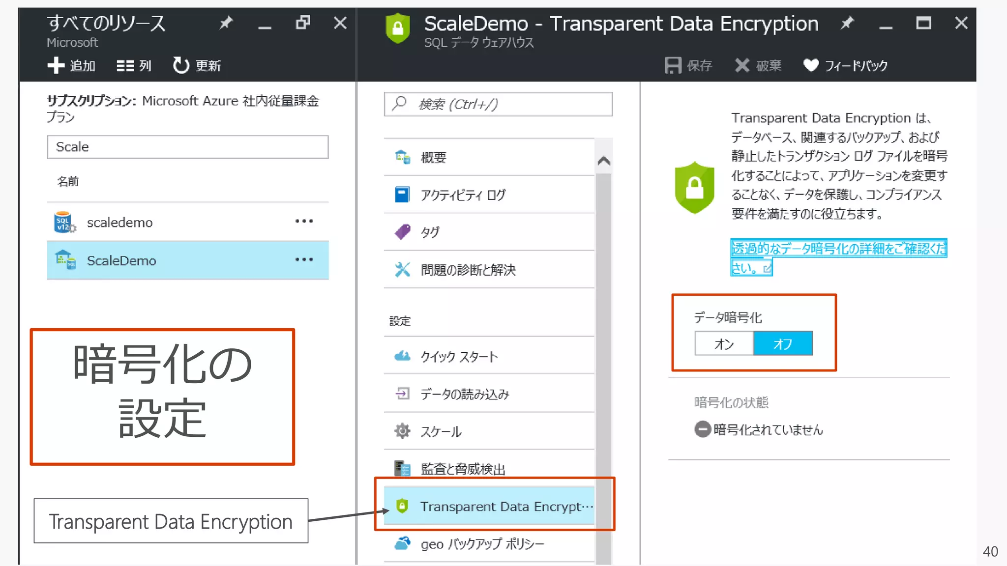 40
暗号化の
設定
Transparent Data Encryption
 
