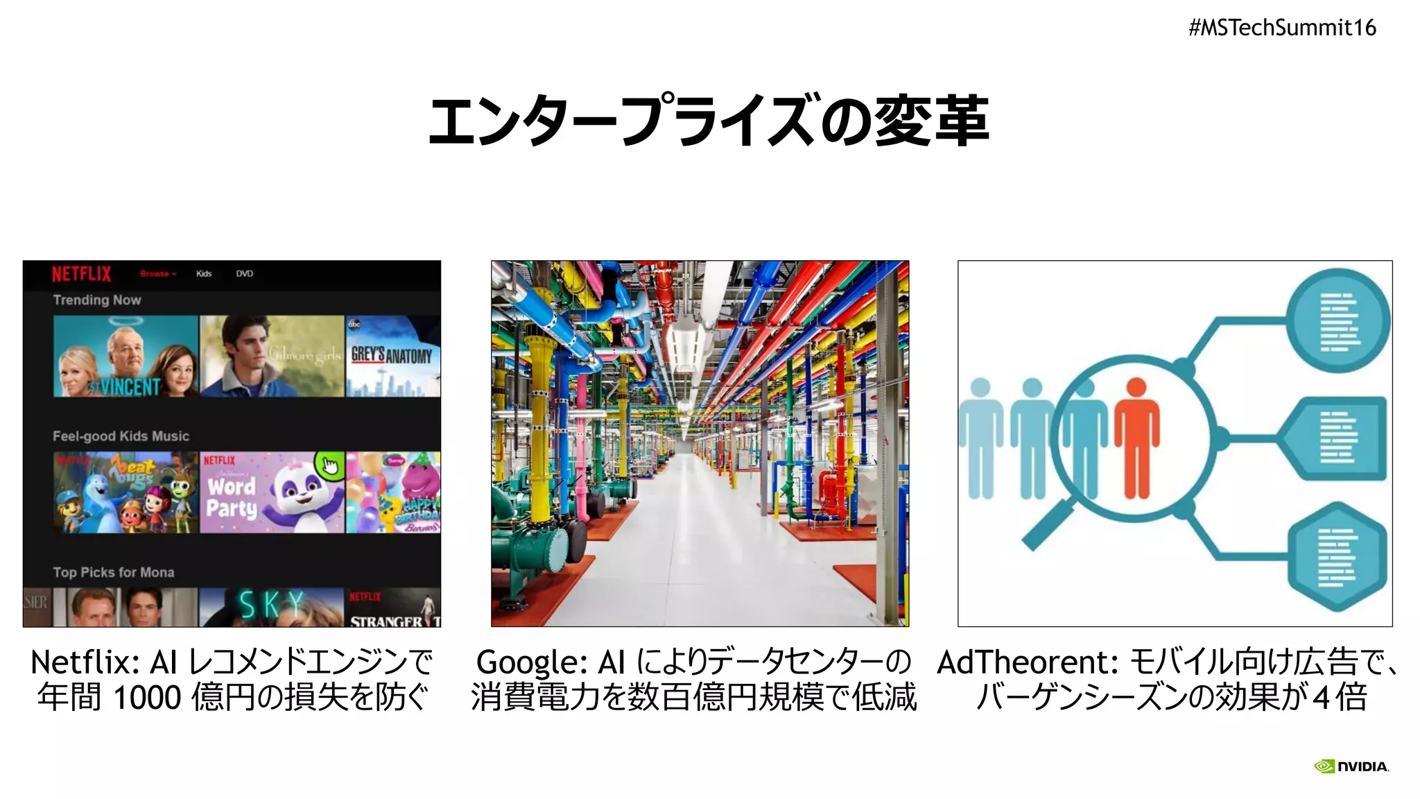 #MSTechSummit16
エンタープライズの変革
Google: AI によりデータセンターの
消費電力を数百億円規模で低減
Netflix: AI レコメンドエンジンで
年間 1000 億円の損失を防ぐ
AdTheorent: モバイル向け広告で、
バーゲンシーズンの効果が4 倍
 