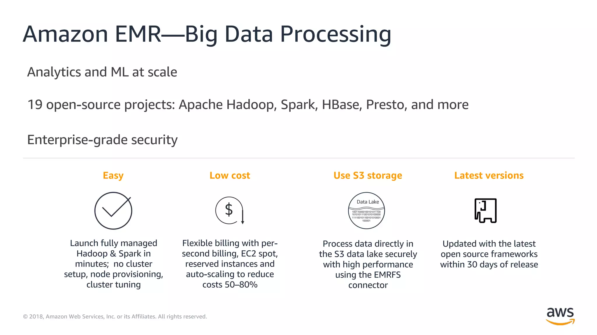 © 2018, Amazon Web Services, Inc. or its Affiliates. All rights reserved.
Amazon EMR—Big Data Processing
Low cost
Flexible billing with per-
second billing, EC2 spot,
reserved instances and
auto-scaling to reduce
costs 50–80%
$
Easy
Launch fully managed
Hadoop & Spark in
minutes; no cluster
setup, node provisioning,
cluster tuning
Latest versions
Updated with the latest
open source frameworks
within 30 days of release
Use S3 storage
Process data directly in
the S3 data lake securely
with high performance
using the EMRFS
connector
Data Lake
100110000100101011100
101010111001010100000
111100101100101010001
100001
 