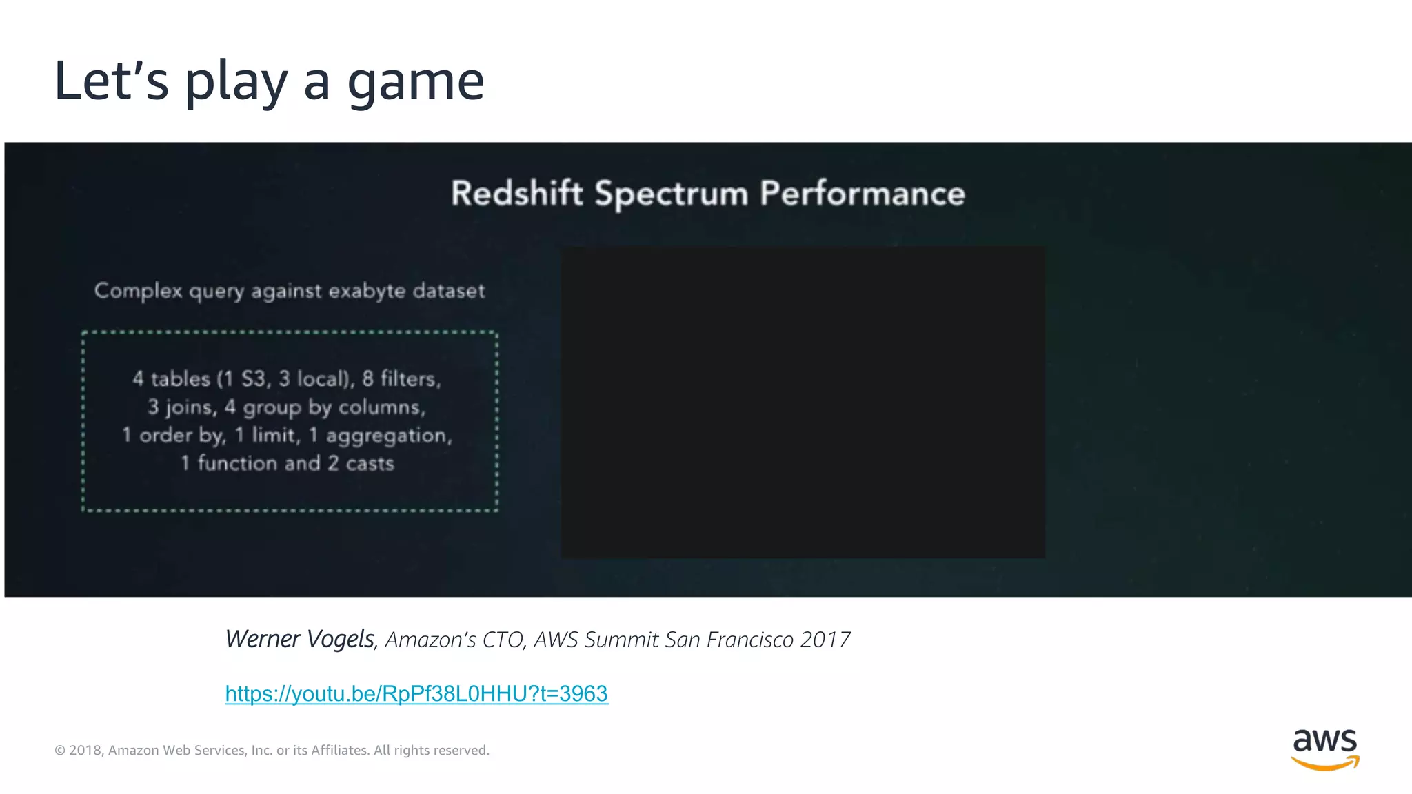 © 2018, Amazon Web Services, Inc. or its Affiliates. All rights reserved.
Let’s play a game
Werner Vogels, Amazon’s CTO, AWS Summit San Francisco 2017
https://youtu.be/RpPf38L0HHU?t=3963
 