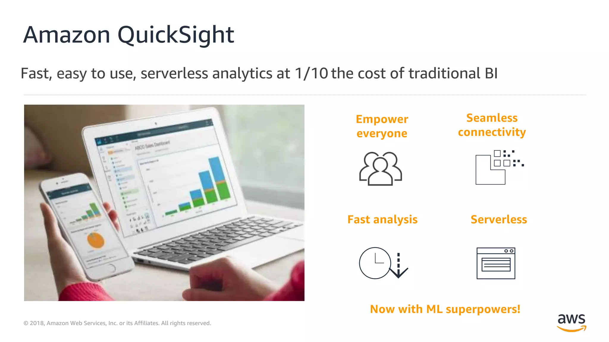 © 2018, Amazon Web Services, Inc. or its Affiliates. All rights reserved.
Amazon QuickSight
easy
Empower
everyone
Seamless
connectivity
Fast analysis Serverless
Now with ML superpowers!
 