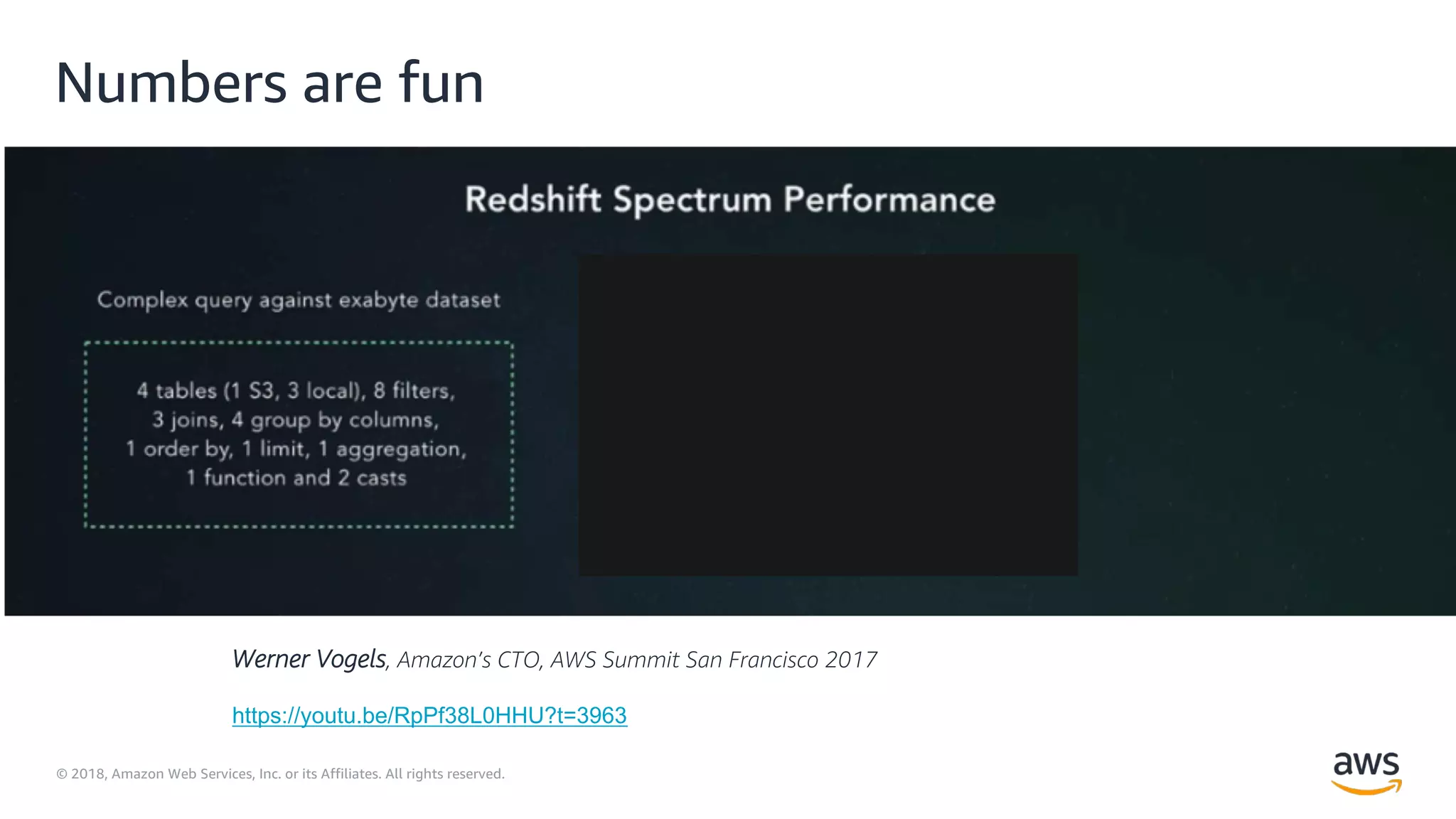© 2018, Amazon Web Services, Inc. or its Affiliates. All rights reserved.
Numbers are fun
Werner Vogels, Amazon’s CTO, AWS Summit San Francisco 2017
https://youtu.be/RpPf38L0HHU?t=3963
 