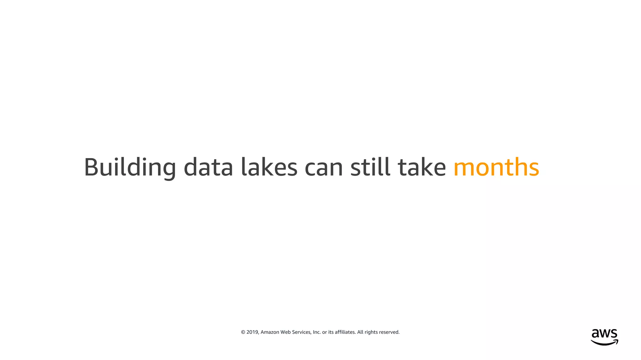 © 2019, Amazon Web Services, Inc. or its affiliates. All rights reserved.
Building data lakes can still take months
 