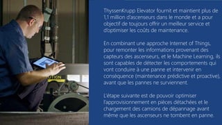 tech.days 2015#mstechdaysDémystification du machine learning
ThyssenKrupp Elevator fournit et maintient plus de
1,1 million d’ascenseurs dans le monde et a pour
objectif de toujours offrir un meilleur service et
d’optimiser les coûts de maintenance.
En combinant une approche Internet of Things,
pour remonter les informations provenant des
capteurs des ascenseurs, et le Machine Learning, ils
sont capables de détecter les comportements qui
vont conduire à une panne et intervenir en
conséquence (maintenance prédictive et proactive),
avant que les pannes ne surviennent.
L’étape suivante est de pouvoir optimiser
l’approvisionnement en pièces détachées et le
chargement des camions de dépannage avant
même que les ascenseurs ne tombent en panne.
 