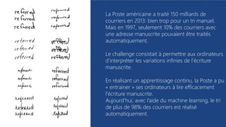 tech.days 2015#mstechdaysDémystification du machine learning
La Poste américaine a traité 150 milliards de
courriers en 2013: bien trop pour un tri manuel.
Mais en 1997, seulement 10% des courriers avec
une adresse manuscrite pouvaient être traités
automatiquement.
Le challenge consistait à permettre aux ordinateurs
d’interpréter les variations infinies de l’écriture
manuscrite.
En réalisant un apprentissage continu, la Poste a pu
« entrainer » ses ordinateurs à lire efficacement
l’écriture manuscrite.
Aujourd’hui, avec l’aide du machine learning, le tri
de plus de 98% des courriers est réalisé
automatiquement.
 
