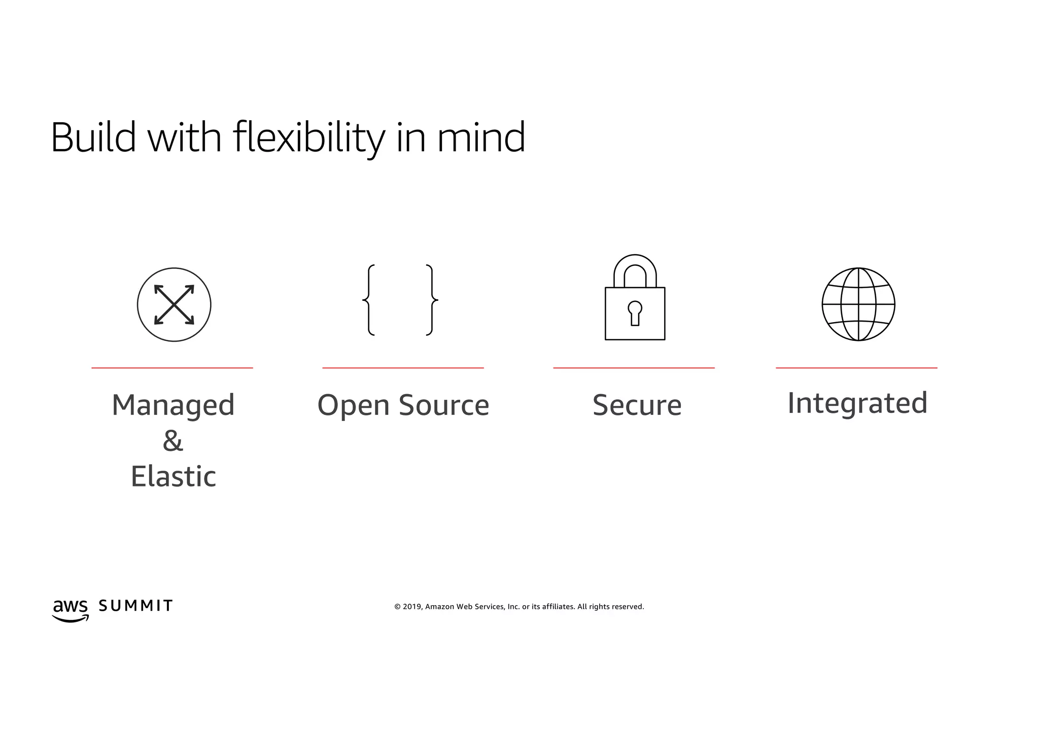 © 2019, Amazon Web Services, Inc. or its affiliates. All rights reserved.S U MMI T
Build with flexibility in mind
Open Source Secure IntegratedManaged
&
Elastic
 
