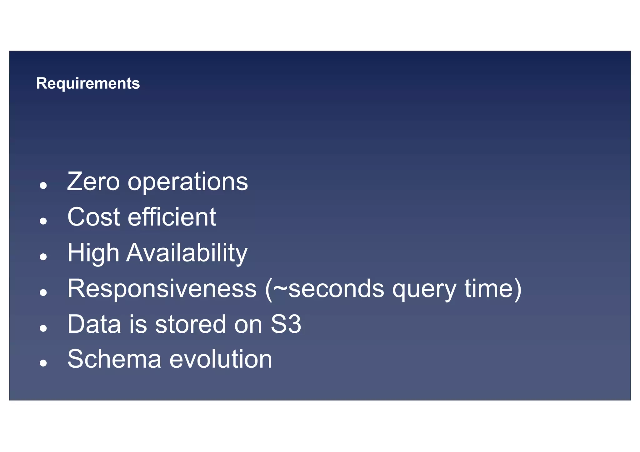 © 2019, Amazon Web Services, Inc. or its affiliates. All rights reserved.S U MMI T
Requirements
● Zero operations
● Cost efficient
● High Availability
● Responsiveness (~seconds query time)
● Data is stored on S3
● Schema evolution
 